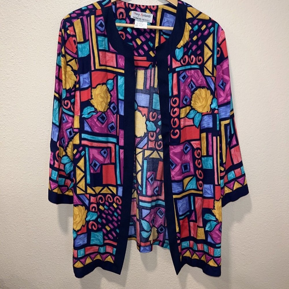 VTG‎ 80’s Colorful Geo Pattern Open Cardigan 3/4 Sleeve Size 16 Petite Made USA